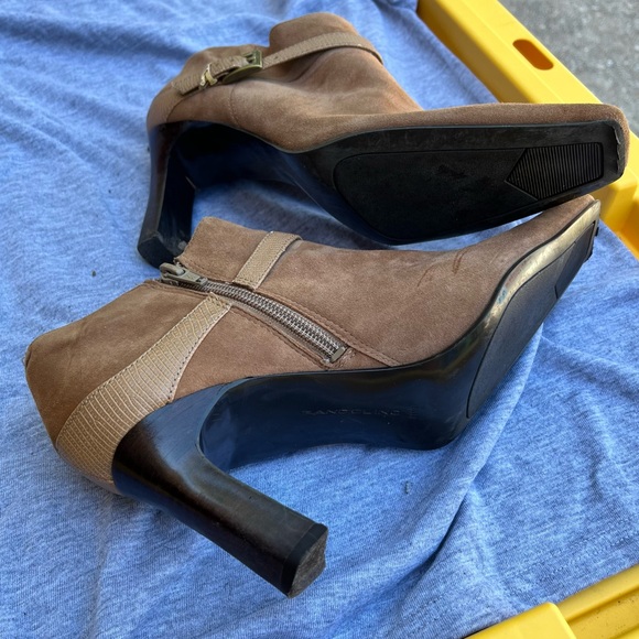Bandolino Tan/Brown Suede Ankle Booties w/ Leather Buckle Strap & Square Toe - Picture 5 of 6